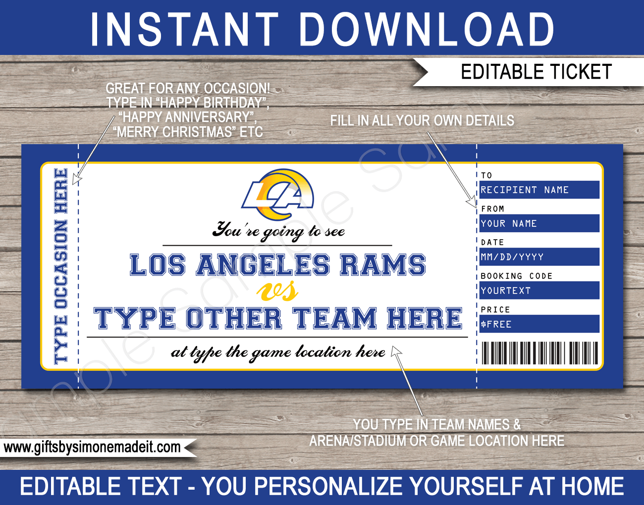 Los Angeles Rams Game Ticket Gift Voucher Printable Surprise Football