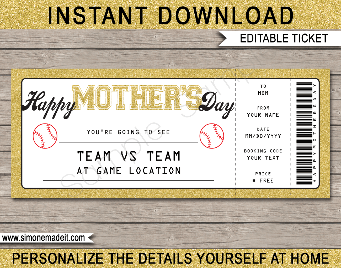 Mother's Day Baseball Ticket Gift Voucher - Printable Baseball Ticket  Template