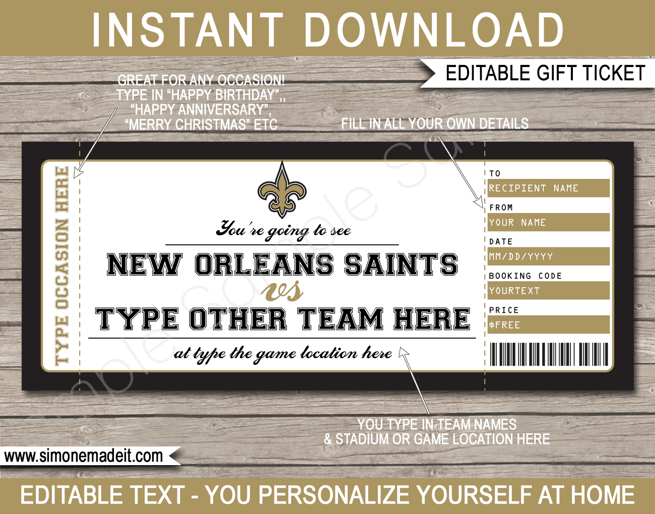 New Orleans Saints Game Ticket Gift Voucher Printable Surprise