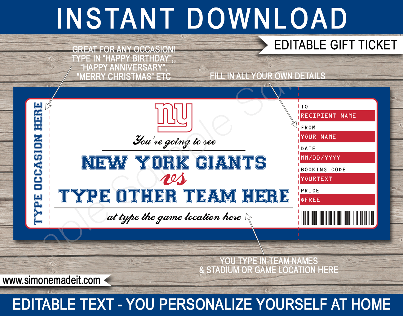 New York Giants Game Ticket Gift Voucher Printable Surprise Football