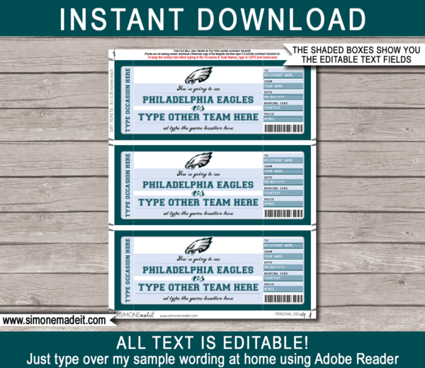 Philadelphia Eagles Game Ticket Gift Voucher Printable Surprise