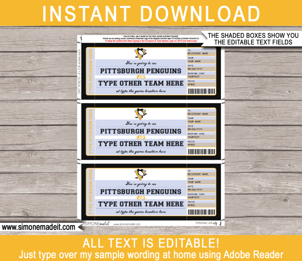 Pittsburgh Penguins Game Ticket Gift Voucher Printable Surprise