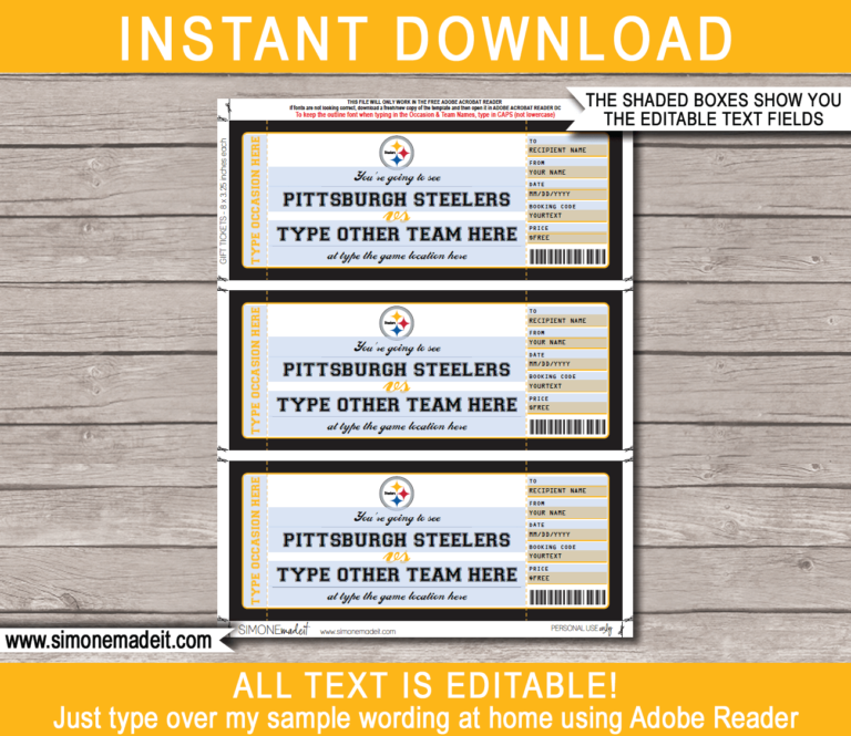 Pittsburgh Steelers Game Ticket Gift Voucher Printable Surprise