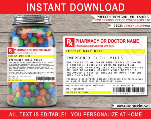 Prescription Chill Pills Label Template | Emergency Chill Pills | Funny ...