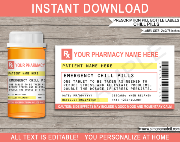 Prescription Chill Pill Labels Template | Emergency Chill Pills | Gag Gift