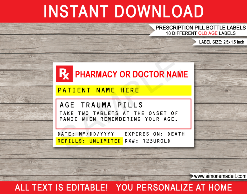 Gag Prescription Labels for Old Age Pills Template Gag Gift Party Favor