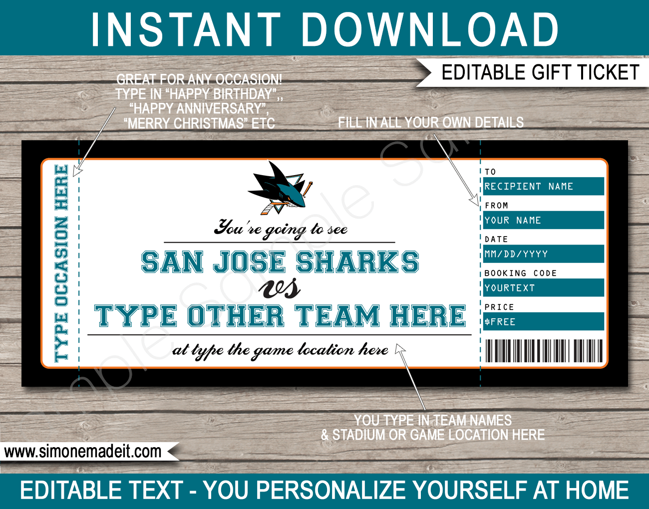 San Jose Sharks Game Ticket Gift Voucher Printable Surprise Hockey