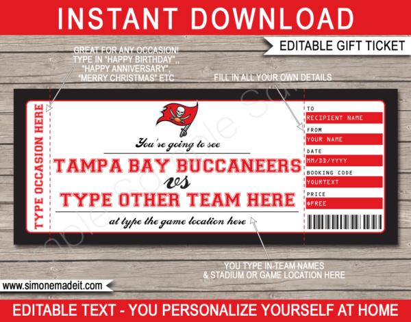 Tampa Bay Buccaneers Game Ticket Gift Voucher | Printable Surprise ...