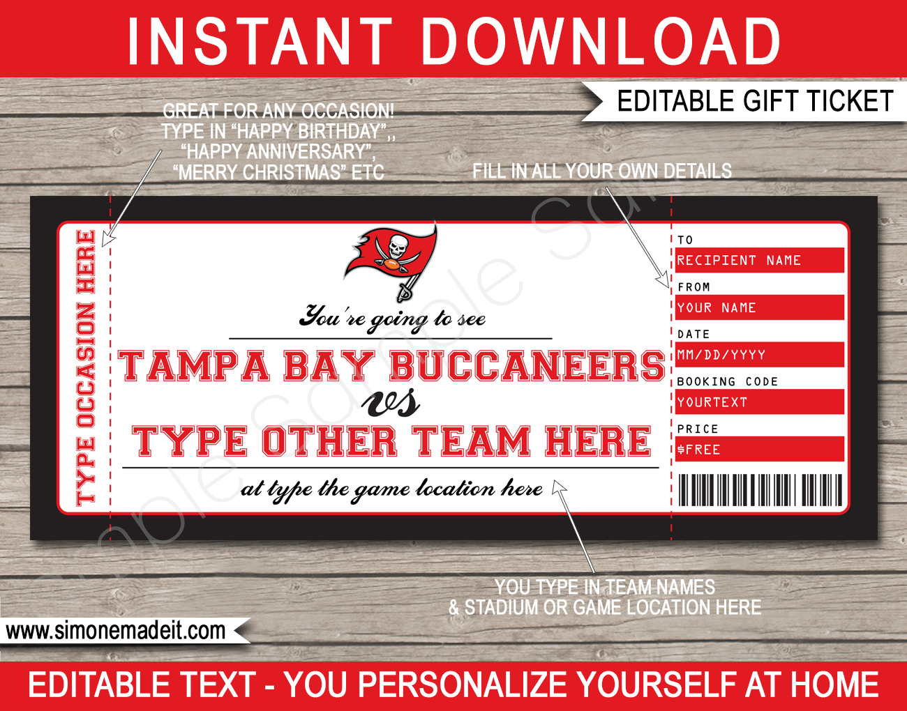 NFL Game Tickets Gift Vouchers Printable Templates Choose Your Team