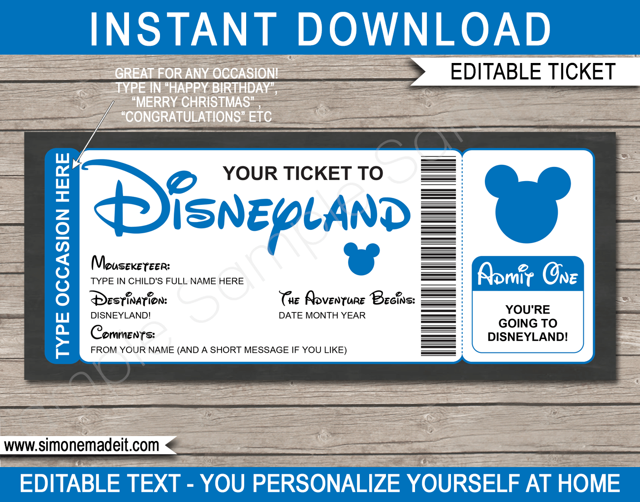 V2 Any Occasion Disneyland Ticket Printable Template Blue 