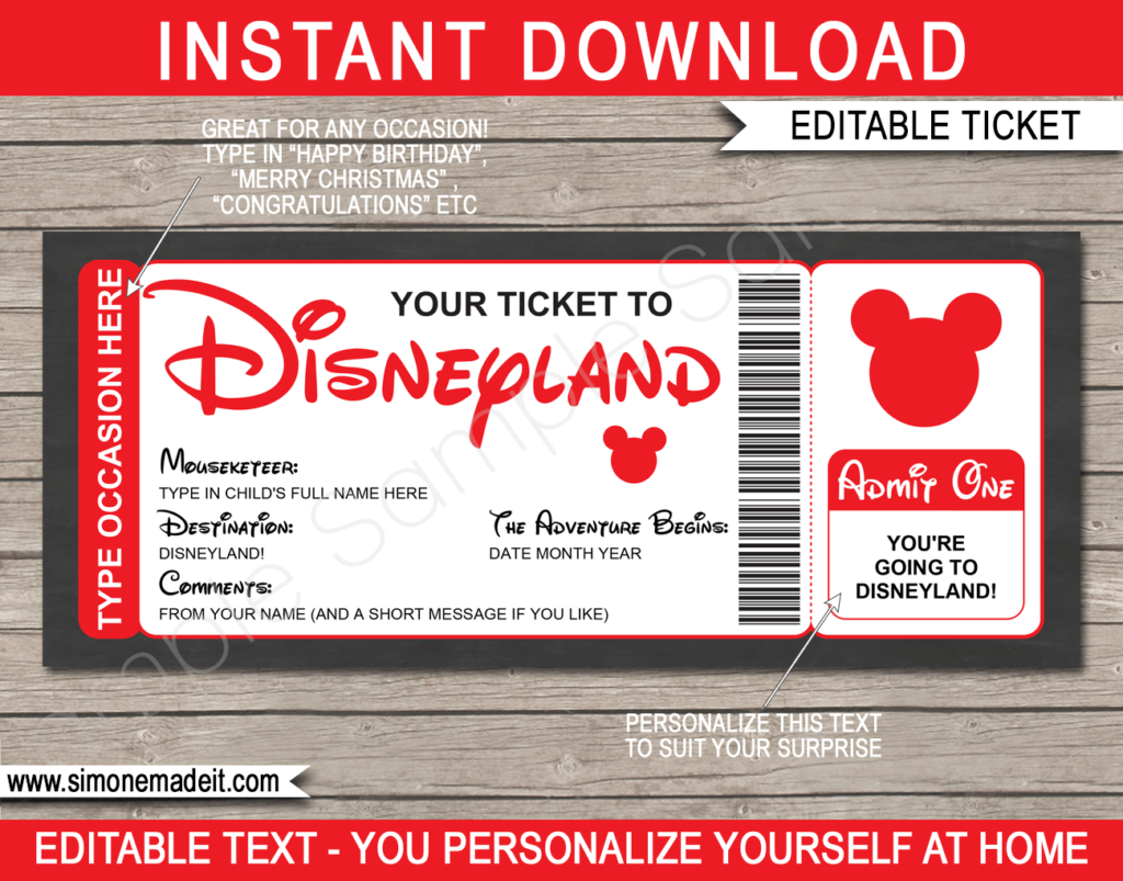 Surprise Trip to Disneyland Ticket Template | Printable Disney Trip ...