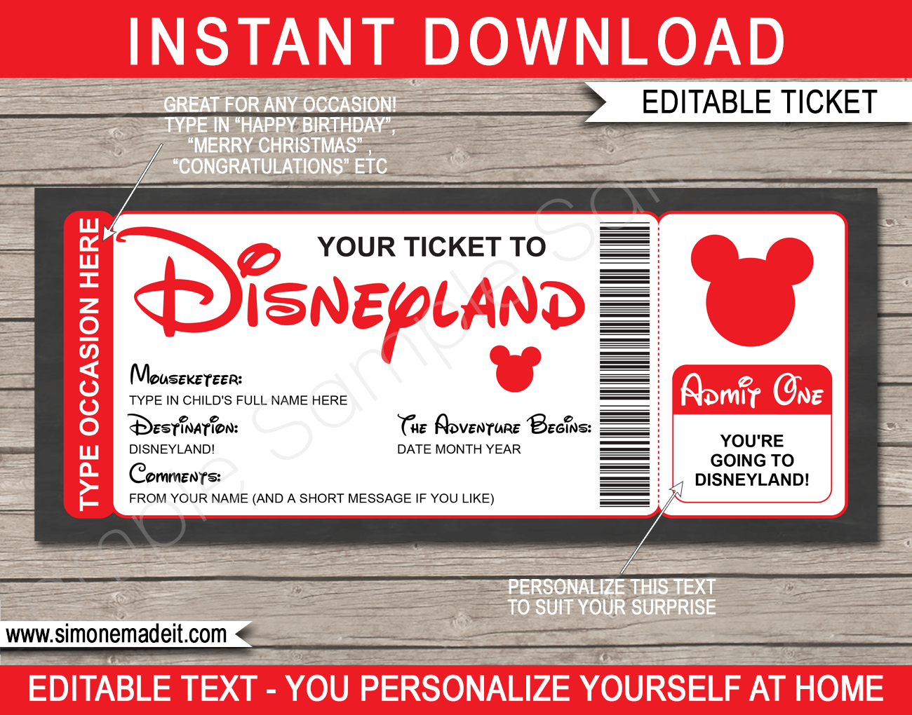 V2 Any Occasion Disneyland Ticket Printable Template Red 1 
