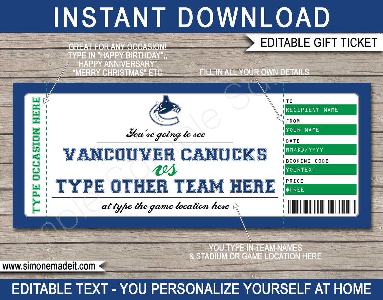 Vancouver Canucks Game Ticket Gift Voucher Printable Surprise Hockey