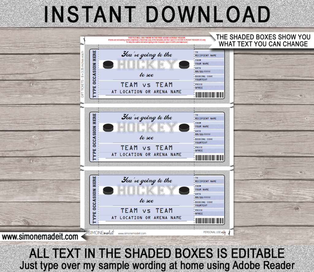 Printable Surprise Hockey Game Ticket Gift Voucher Template