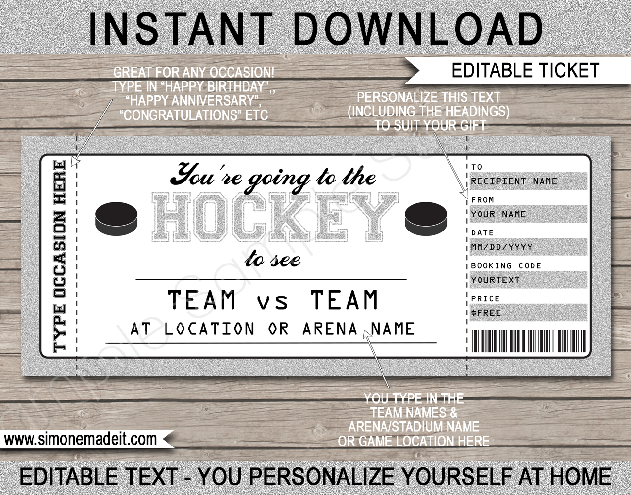 Printable Surprise Hockey Game Ticket Gift Voucher Template
