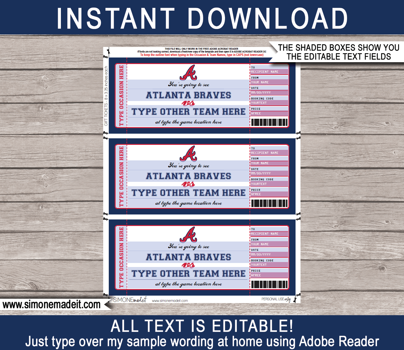 Atlanta Braves Ticket Gift Template Baseball Ticket Ticket Template  Keepsake Printable Ticket Surprise Ticket Braves Ticket 