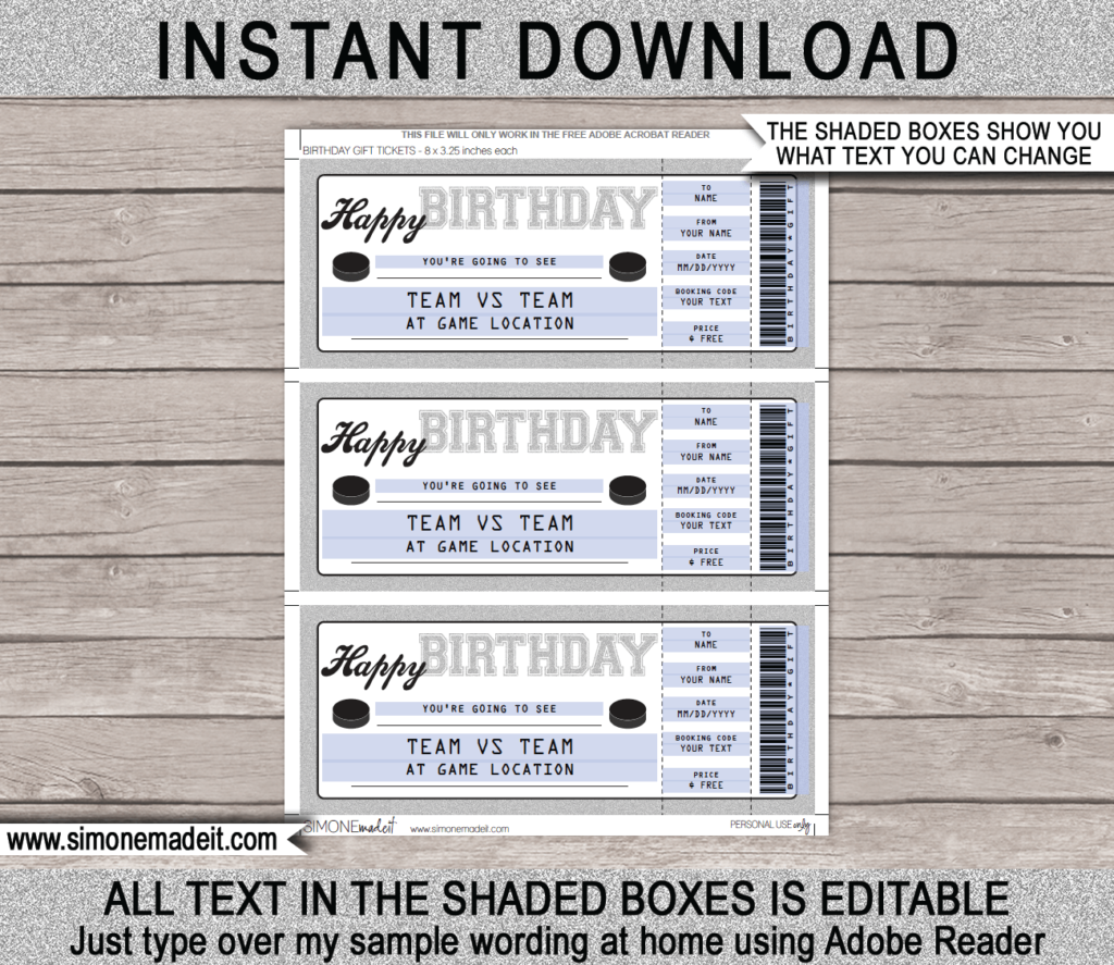 Hockey Game Ticket Birthday Gift Voucher | Printable Ticket Template