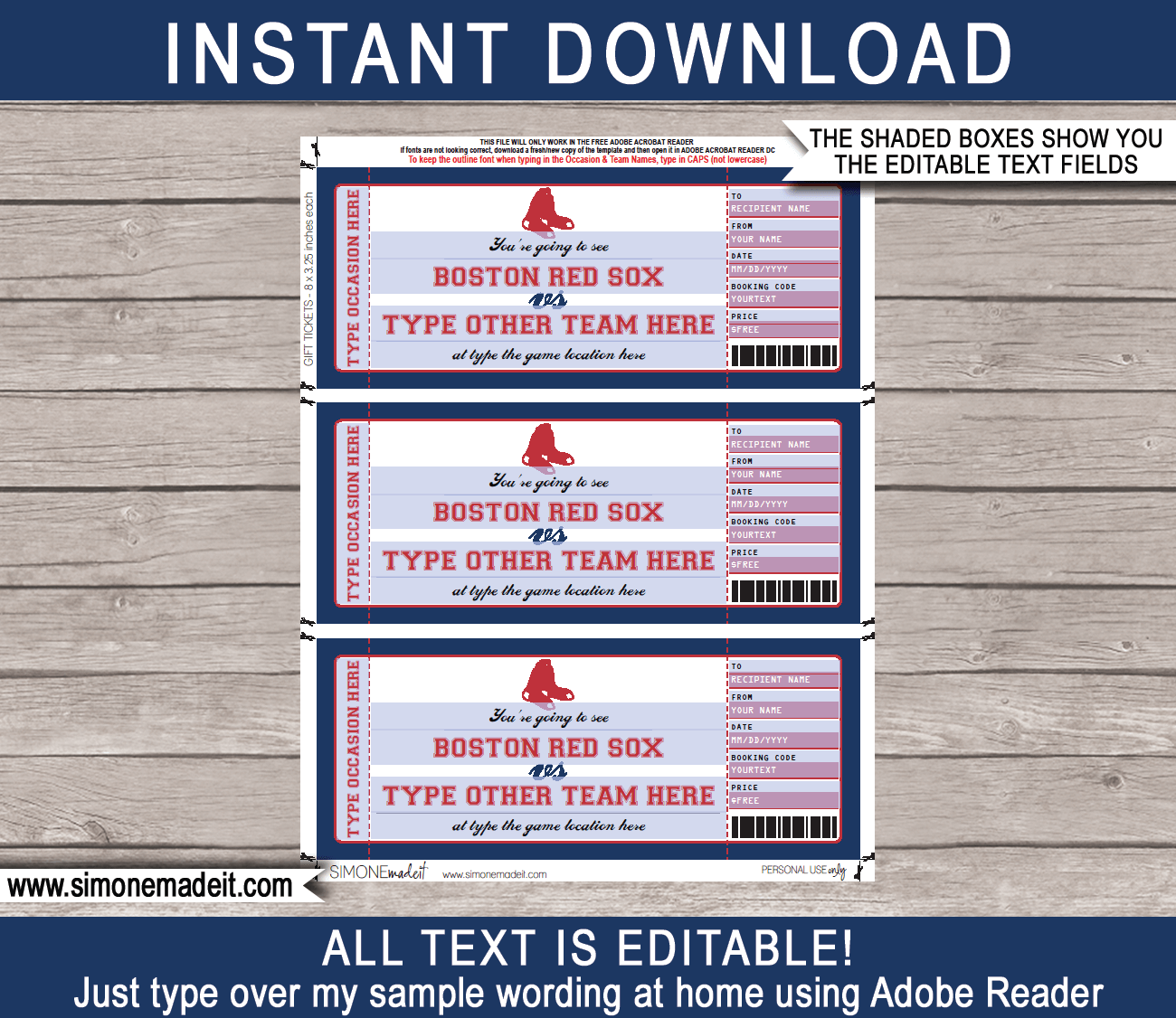 Boston Red Sox Game Ticket Gift Voucher Printable Surprise Baseball