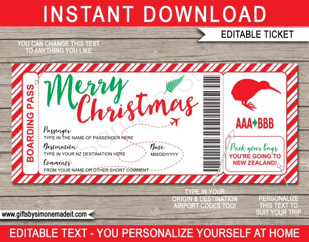 Christmas Trip To New Zealand Boarding Pass Gift Template Surprise NZ Trip Reveal