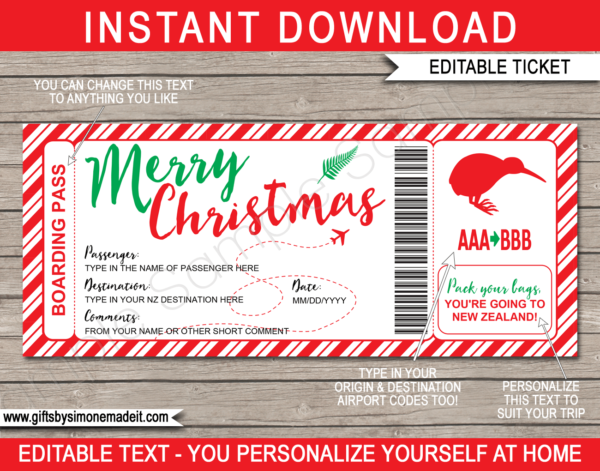 Christmas Trip to New Zealand Boarding Pass Gift Template | Surprise NZ ...