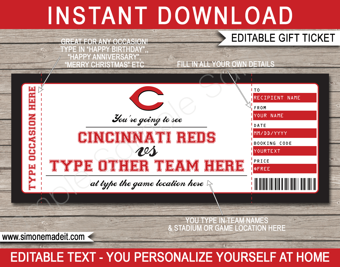 Cincinnati Reds Game Ticket Gift Voucher Printable Surprise Baseball