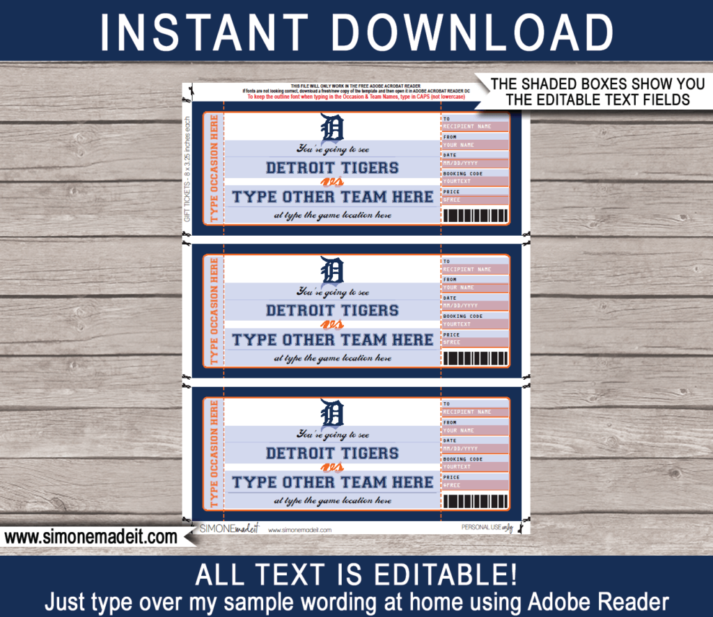 Detroit Tigers Game Ticket Gift Voucher | Printable Surprise Baseball ...