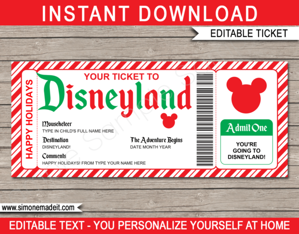 Holiday Disneyland Ticket template | Surprise Disneyland Trip Reveal