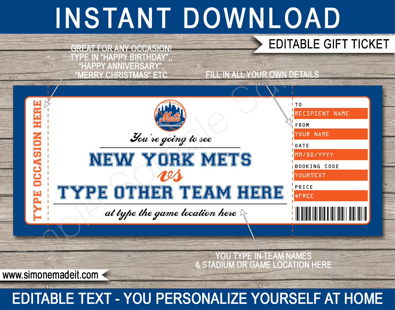 New York Mets Game Ticket Gift Voucher Printable Surprise Baseball