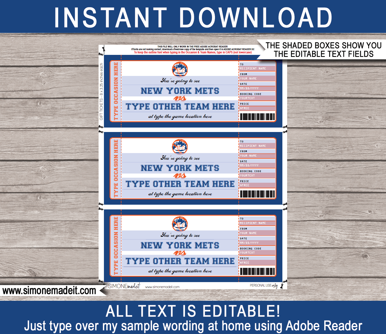 New York Mets Ticket Birthday Editable Template Instant Download