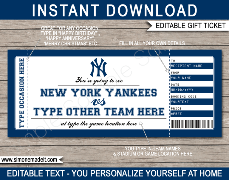 New York Yankees Game Ticket Gift Voucher Printable Surprise Baseball