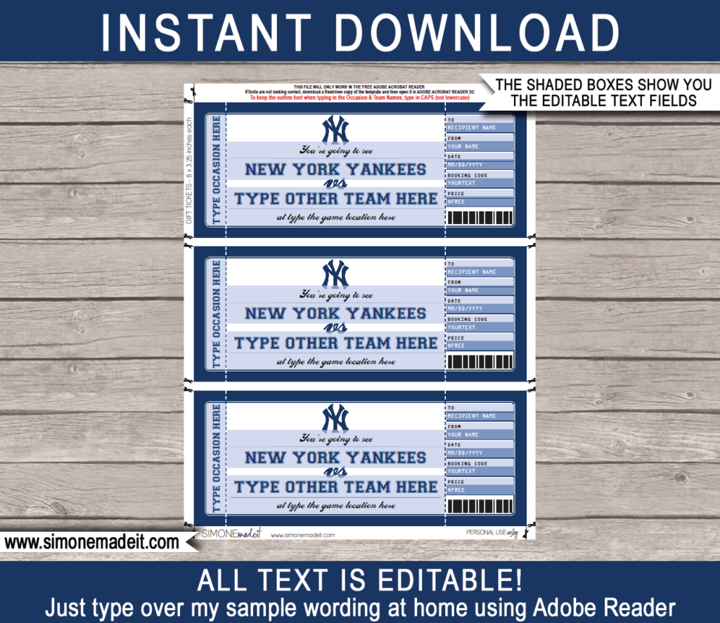 New York Yankees Game Ticket Gift Voucher Printable Surprise Baseball