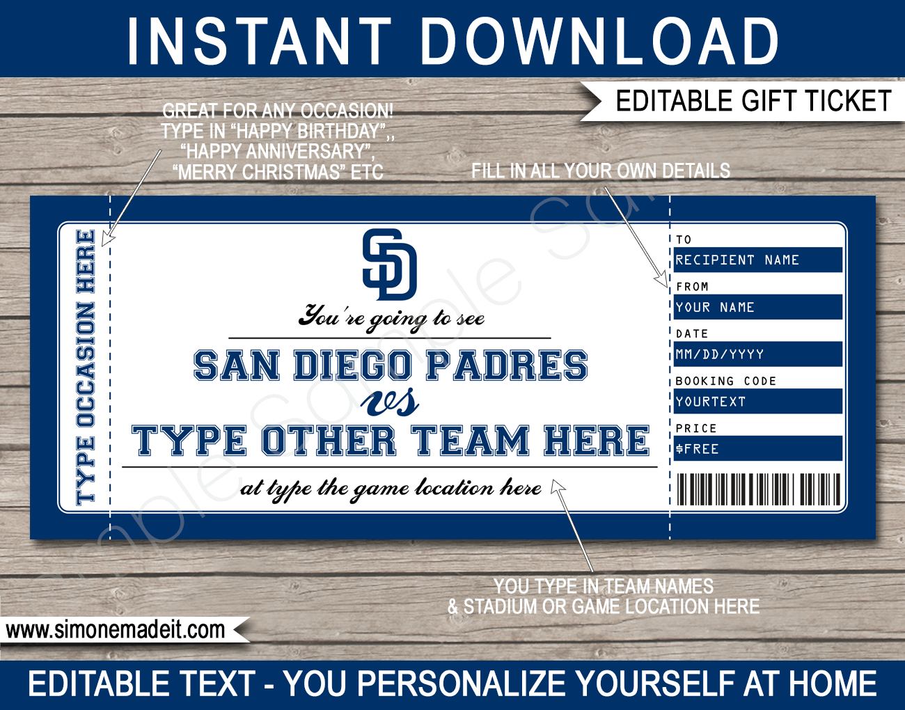San Diego Padres Game Ticket Gift Voucher Printable Surprise Baseball