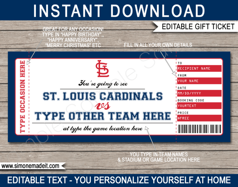 St. Louis Cardinals Game Ticket Gift Voucher Printable Surprise