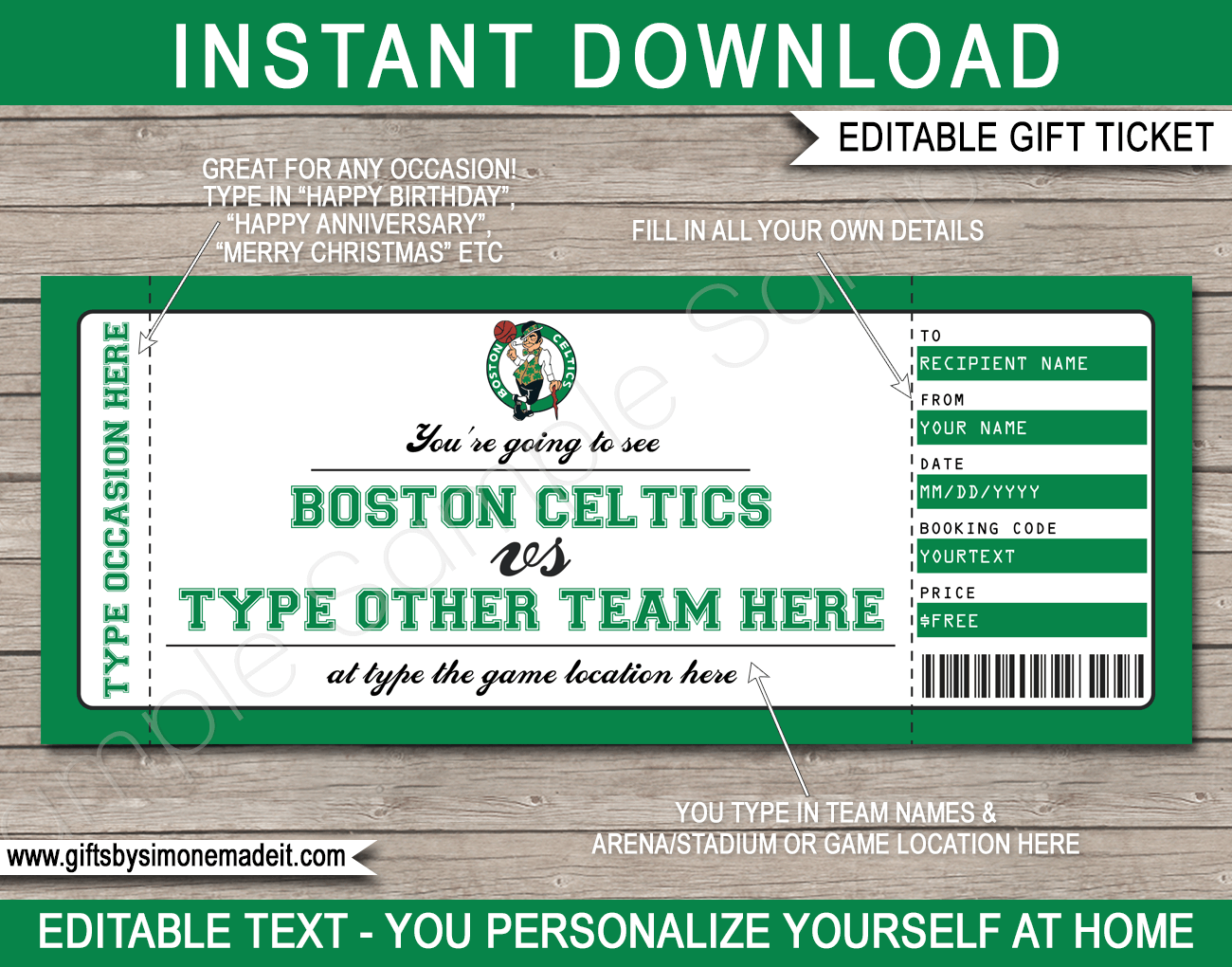 Boston Celtics Gift Voucher NBA Printable Ticket Template 