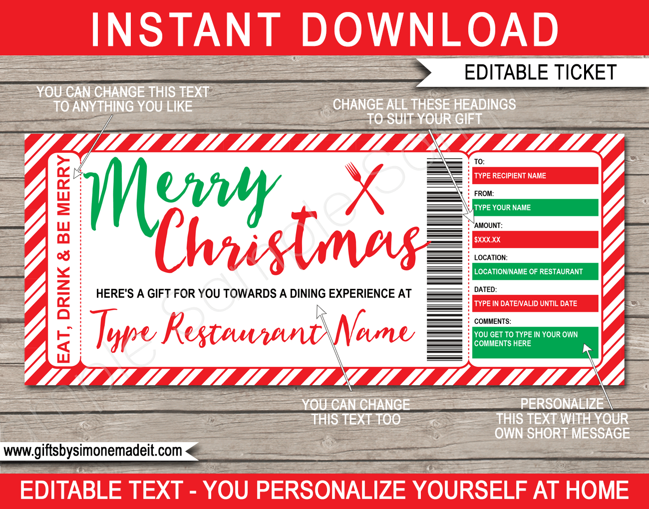 Christmas Restaurant Gift Certificate template Printable Dining Gift