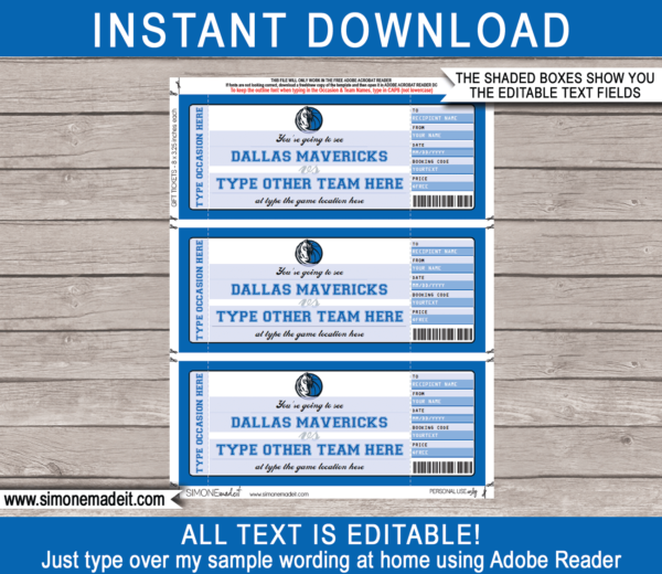 Dallas Mavericks Game Ticket Gift Voucher | Printable Surprise NBA ...