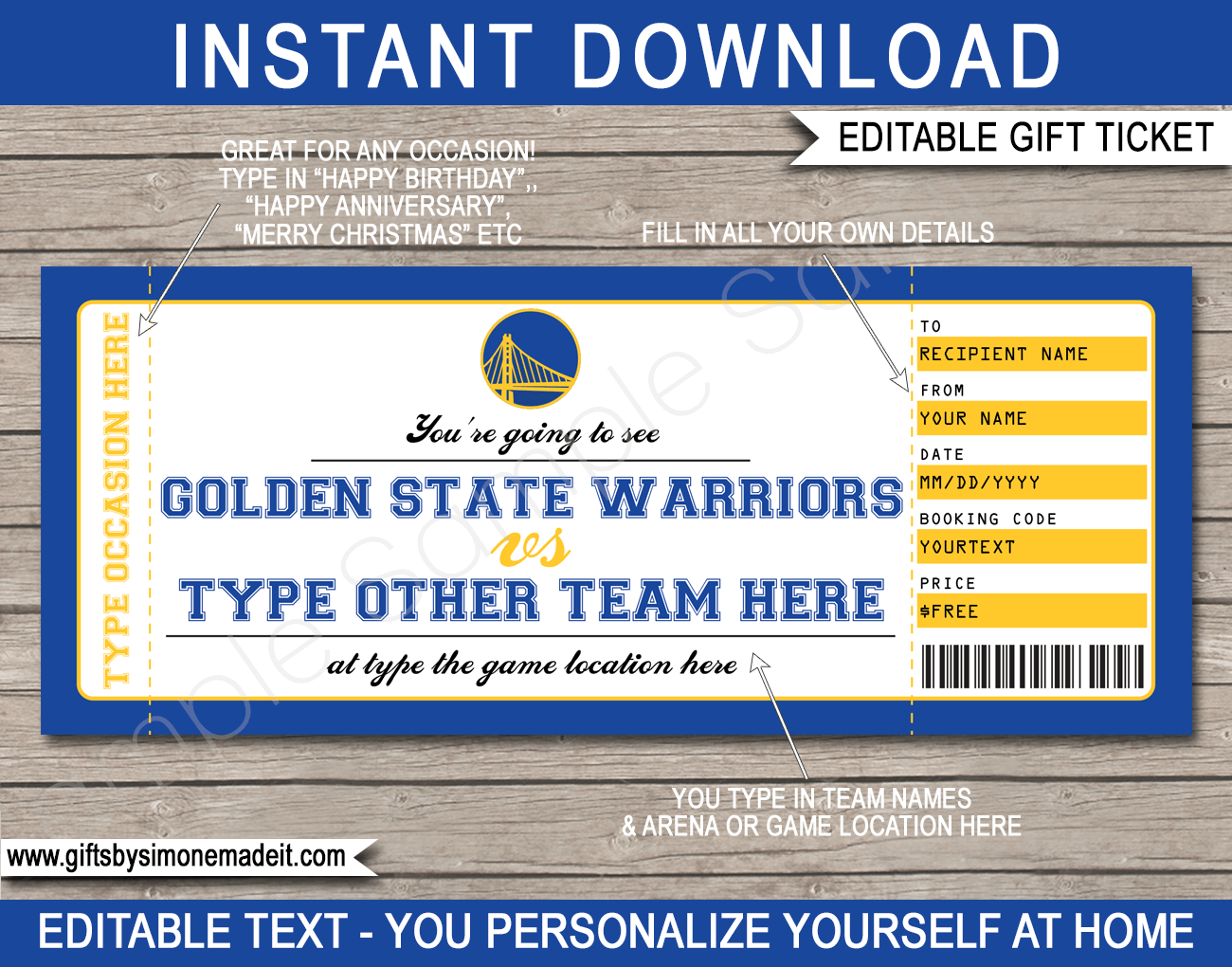 Golden State Warriors Game Ticket Gift Voucher Printable Surprise NBA