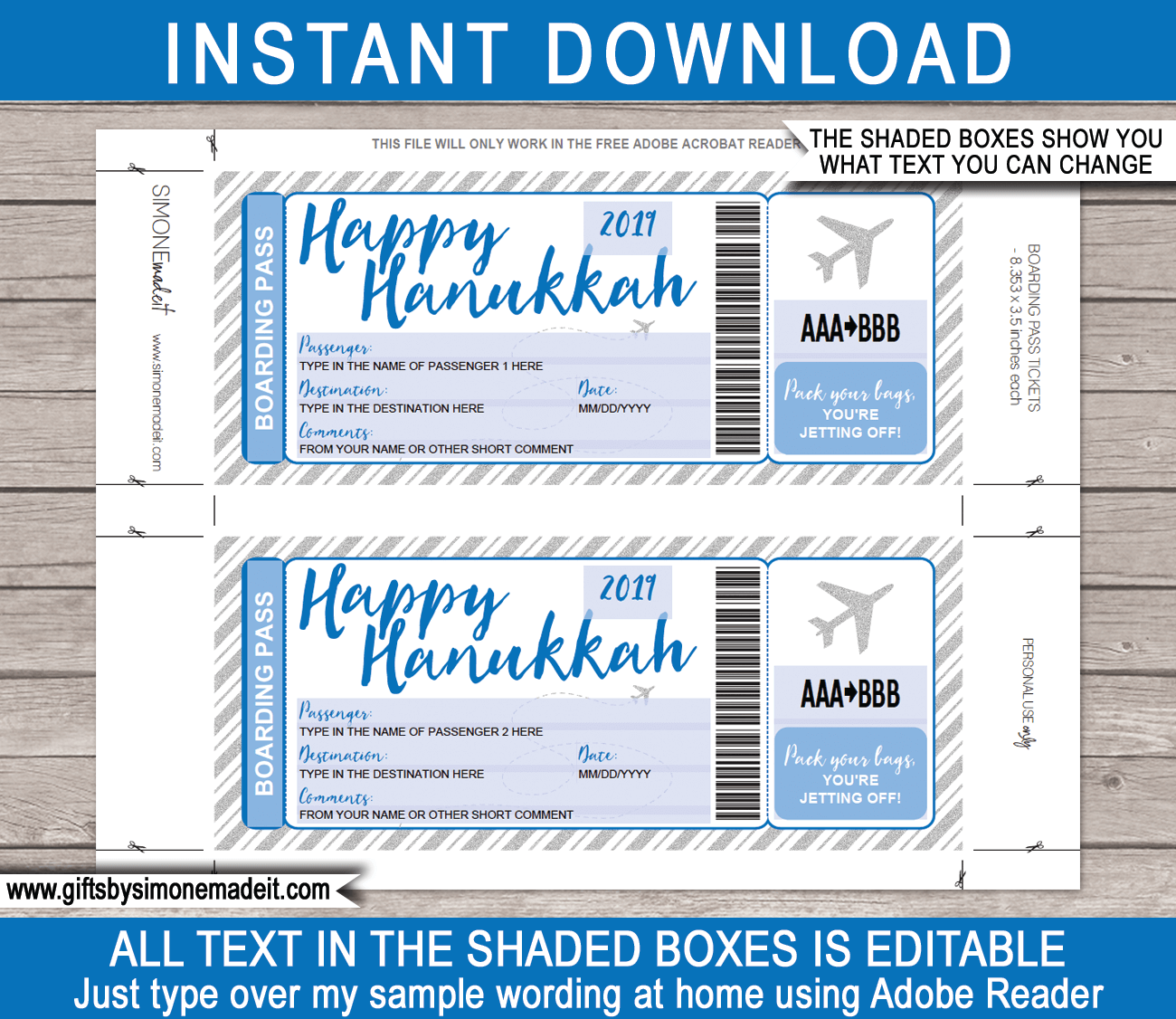 Hanukkah Boarding Pass Gift Ticket template | Fake Plane Gift Ticket