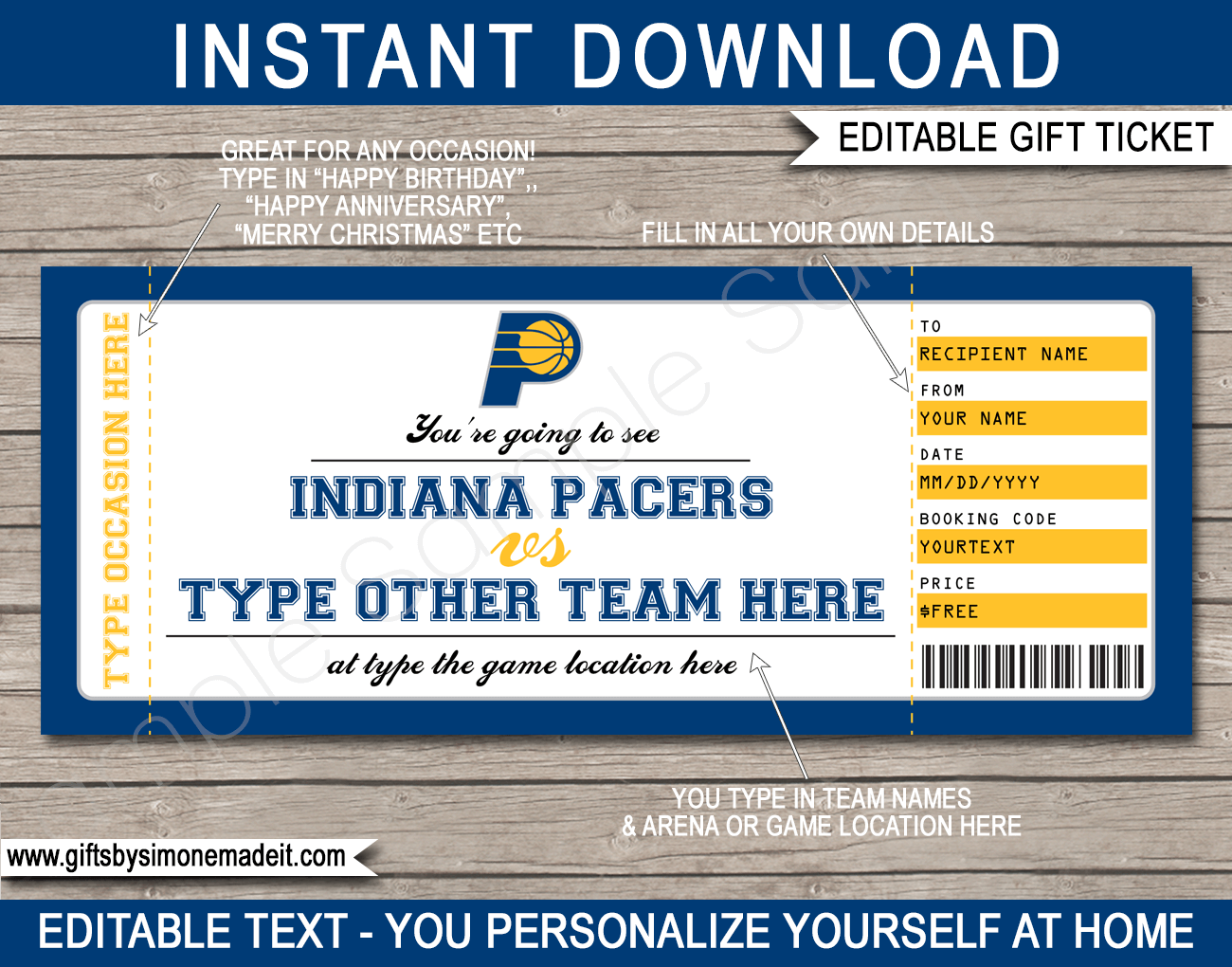 Indiana Pacers Game Ticket Gift Voucher Printable Surprise NBA