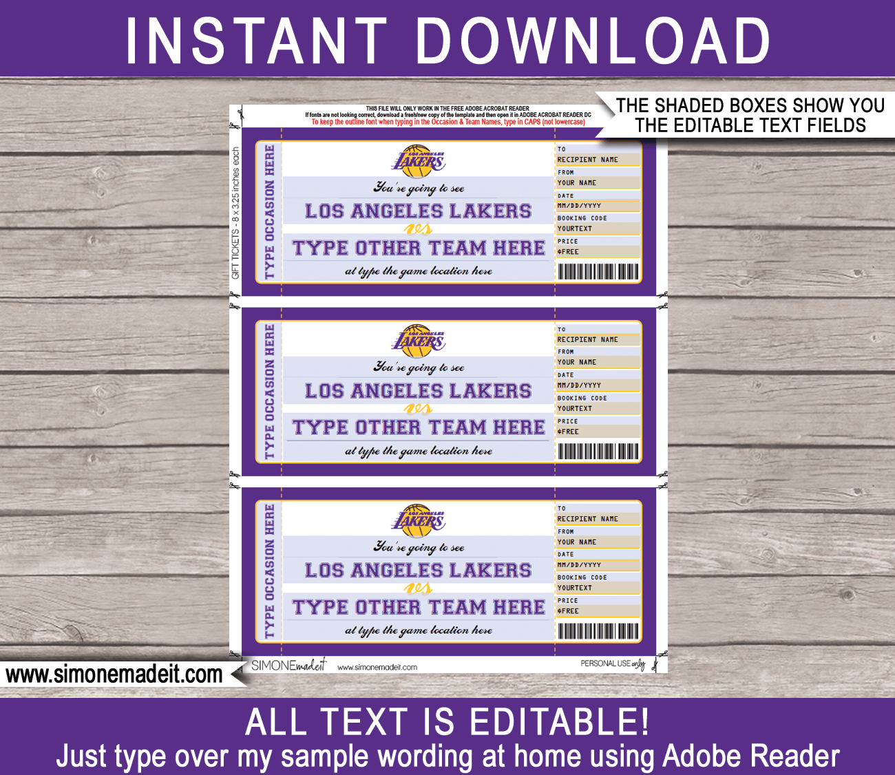 Los Angeles Lakers Game Ticket Gift Voucher Printable Surprise NBA