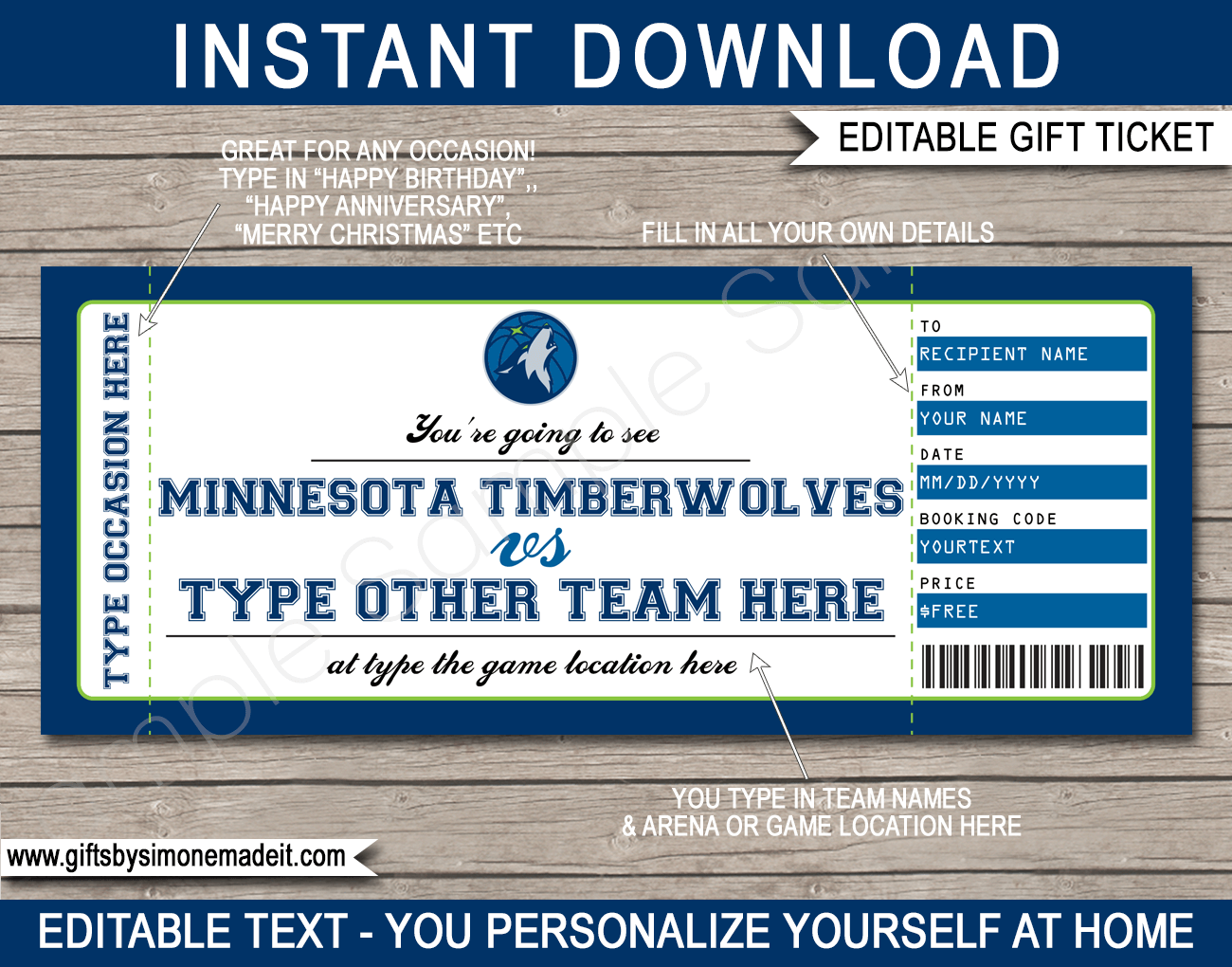 Minnesota Timberwolves Game Ticket Gift Voucher Printable Surprise My