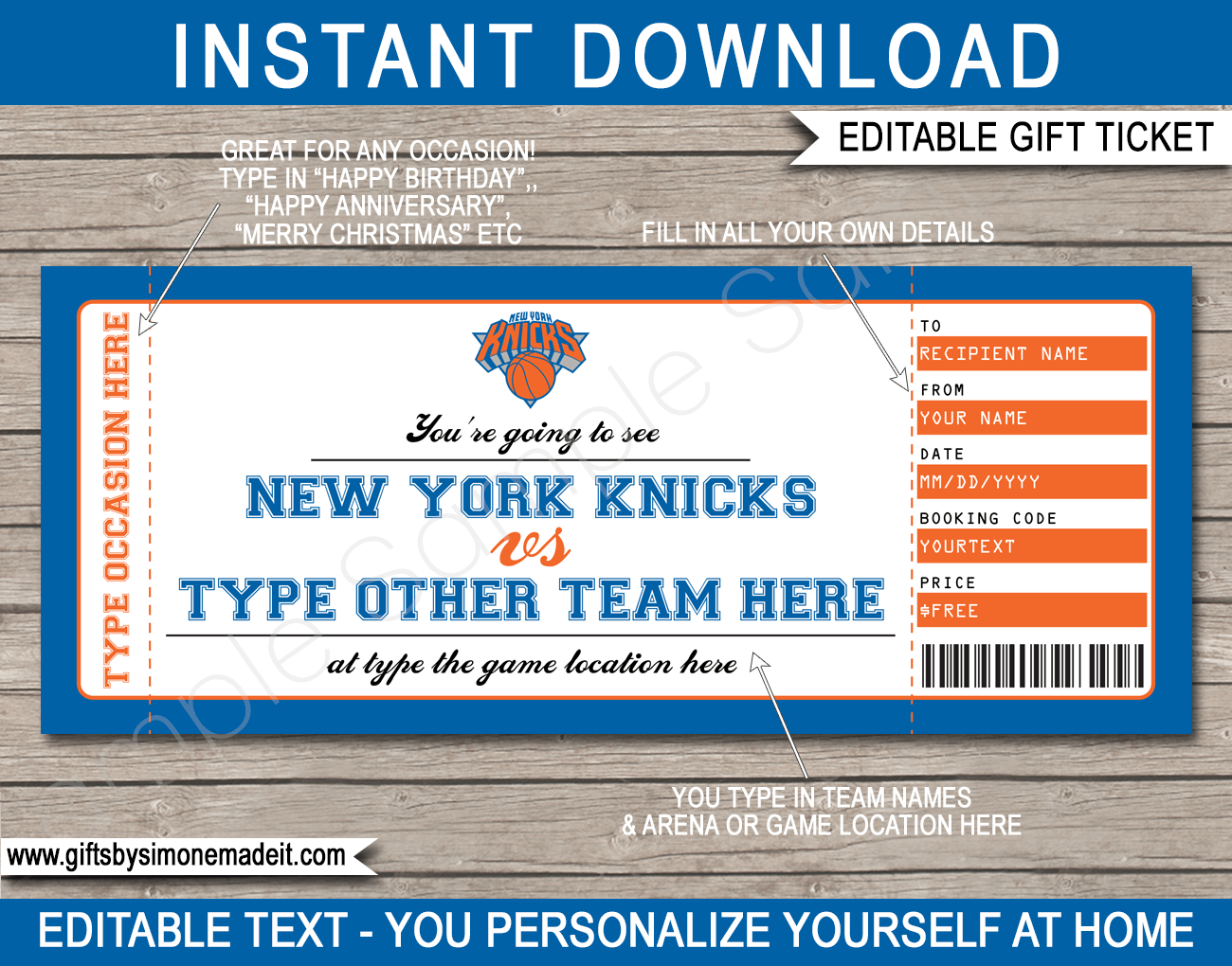New York Knicks Game Ticket Gift Voucher Printable Surprise NBA