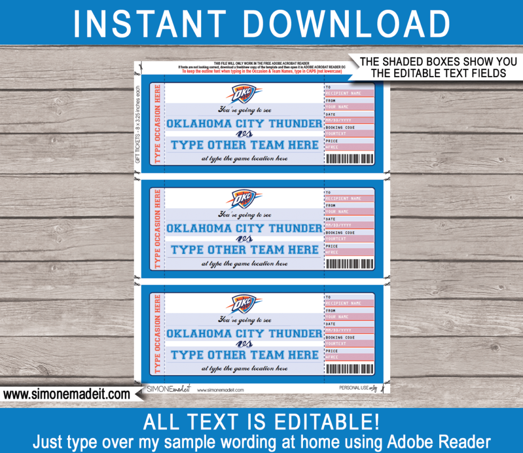 Oklahoma City Thunder Game Ticket Gift Voucher Printable Surprise NBA