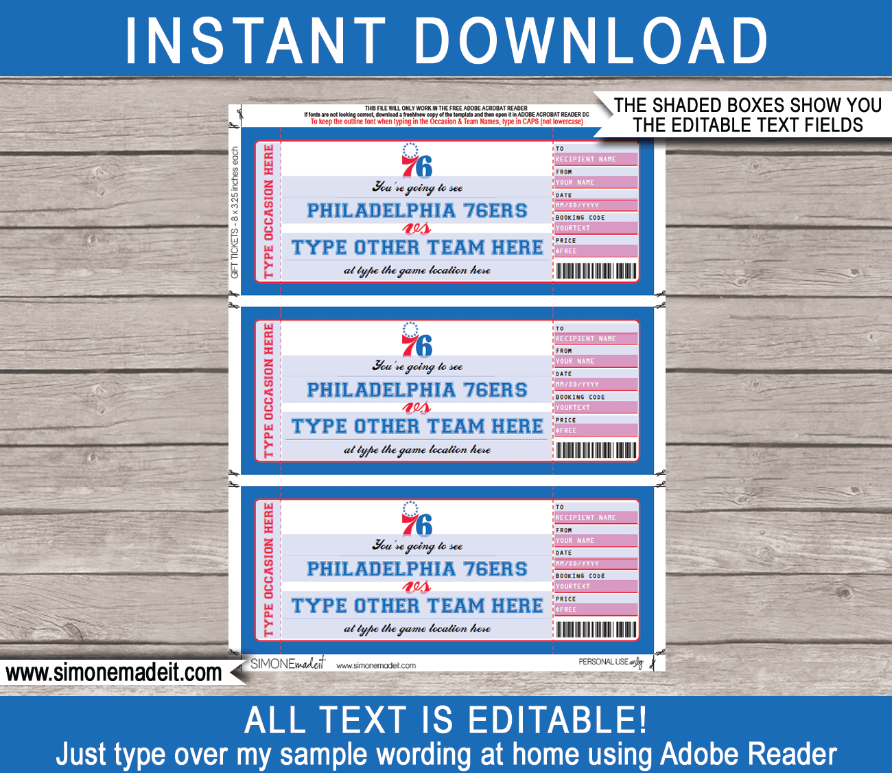 Philadelphia 76ers Gift Voucher NBA Printable Ticket Template Screenshot 