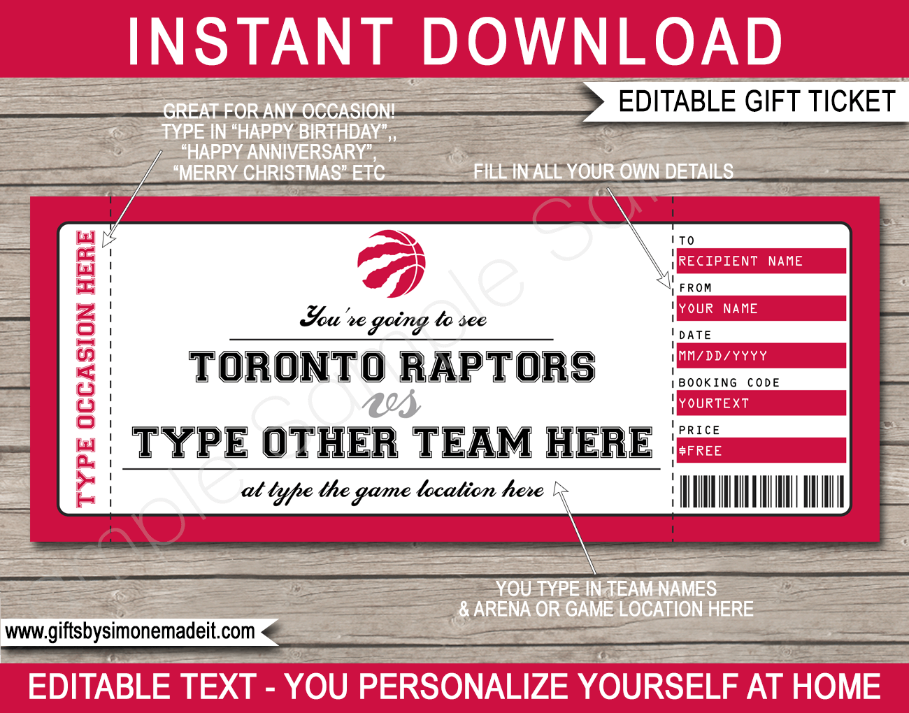 Toronto Raptors Game Ticket Gift Voucher Printable Surprise NBA