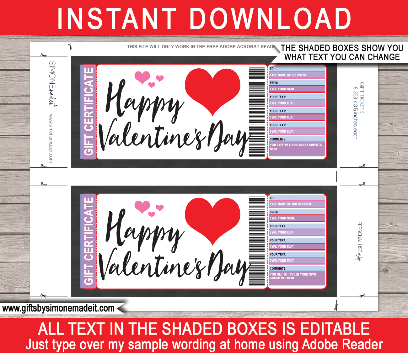 Printable Valentine s Day Gift Certificate Custom Personalized Template