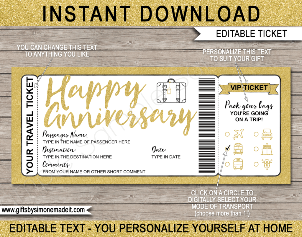 Anniversary Holiday Travel Ticket Reveal Gift Idea Template | Surprise Trip