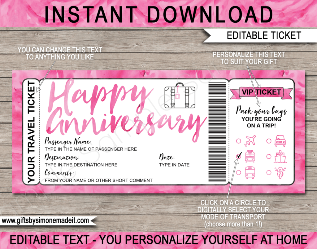 Anniversary Surprise Vacation Travel Ticket Template | Reveal Gift Idea