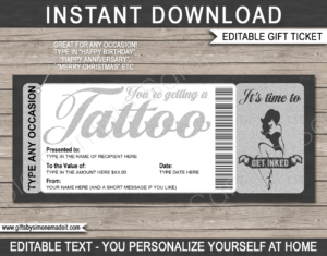 Printable Tattoo Gift Certificate Card Template | DIY Gift Voucher | Silver 50's Pinup Tattoo Design | Editable Text | Birthday, Anniversary, Graduation, Congratulations | Instant Download via www.giftsbysimonemadeit.com