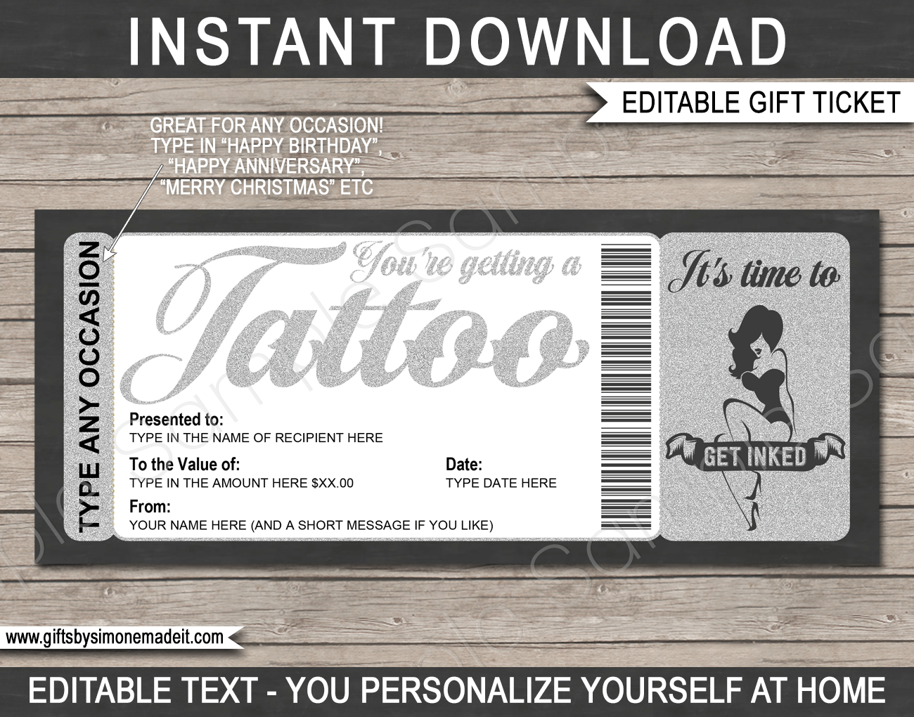 Tattoo Gift Certificate Card Template DIY Printable Gift Voucher